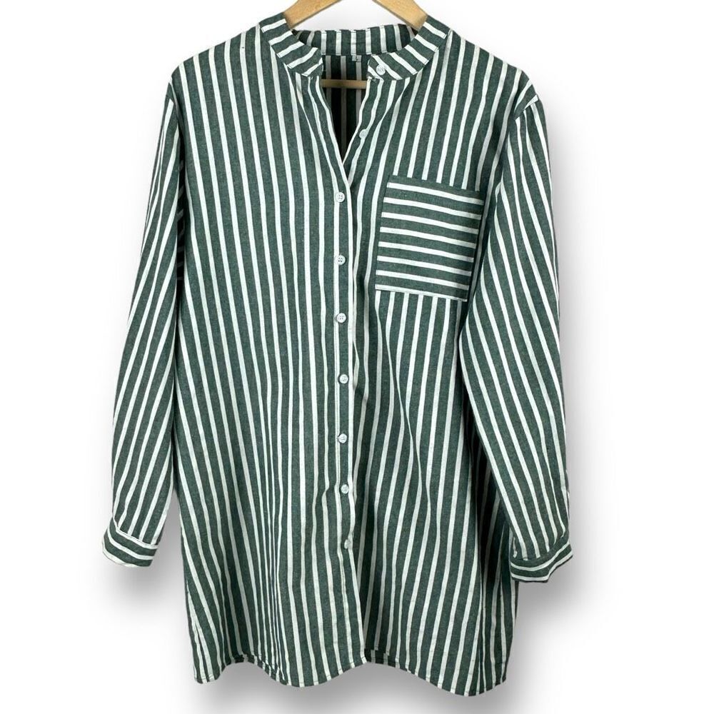 Boutique Women's Size L Long Sleeve Button Up Green And White Stripe Beach Tunic